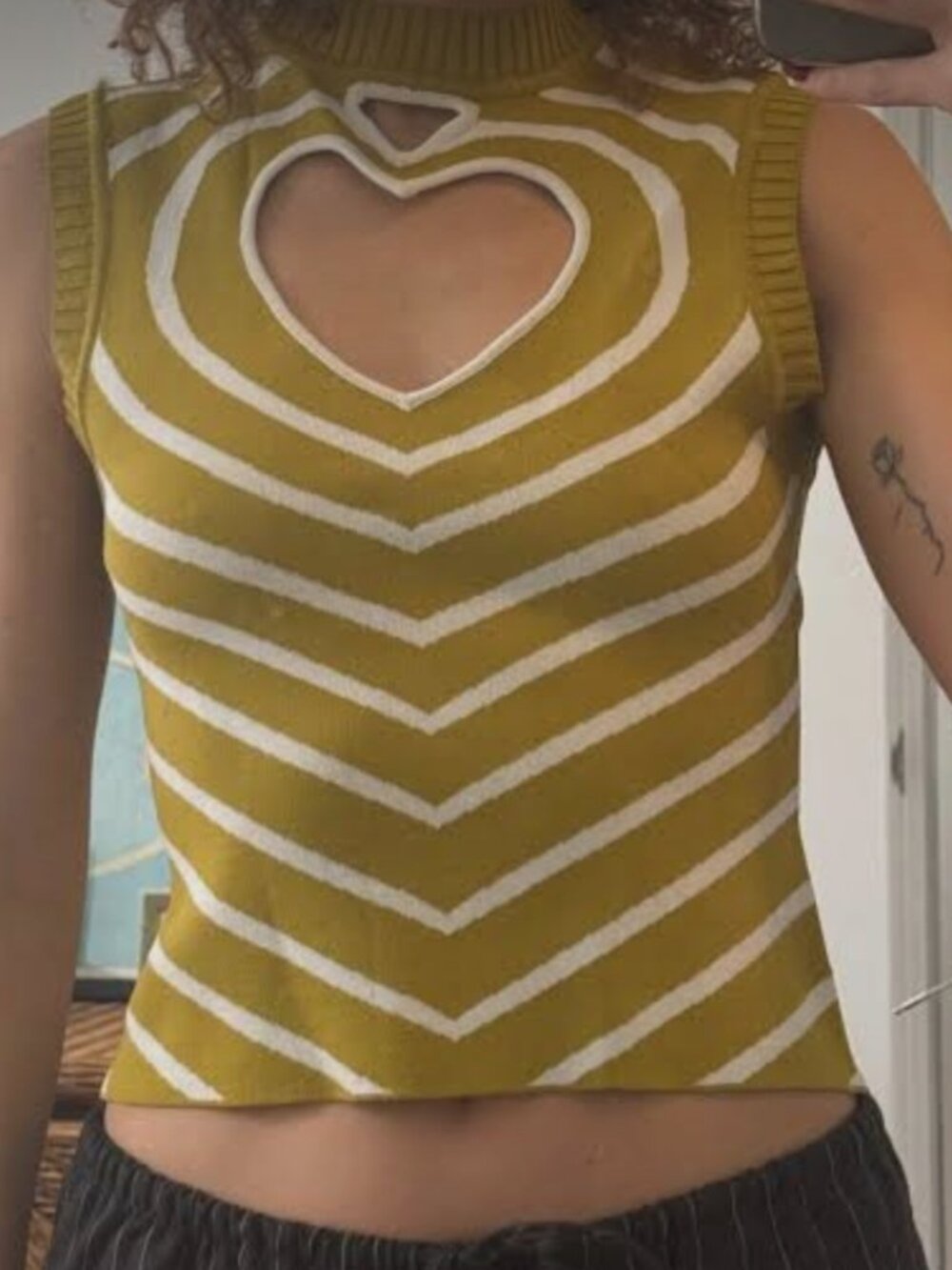 Staud yellow & white chevron knit sweater vest with heart cutout